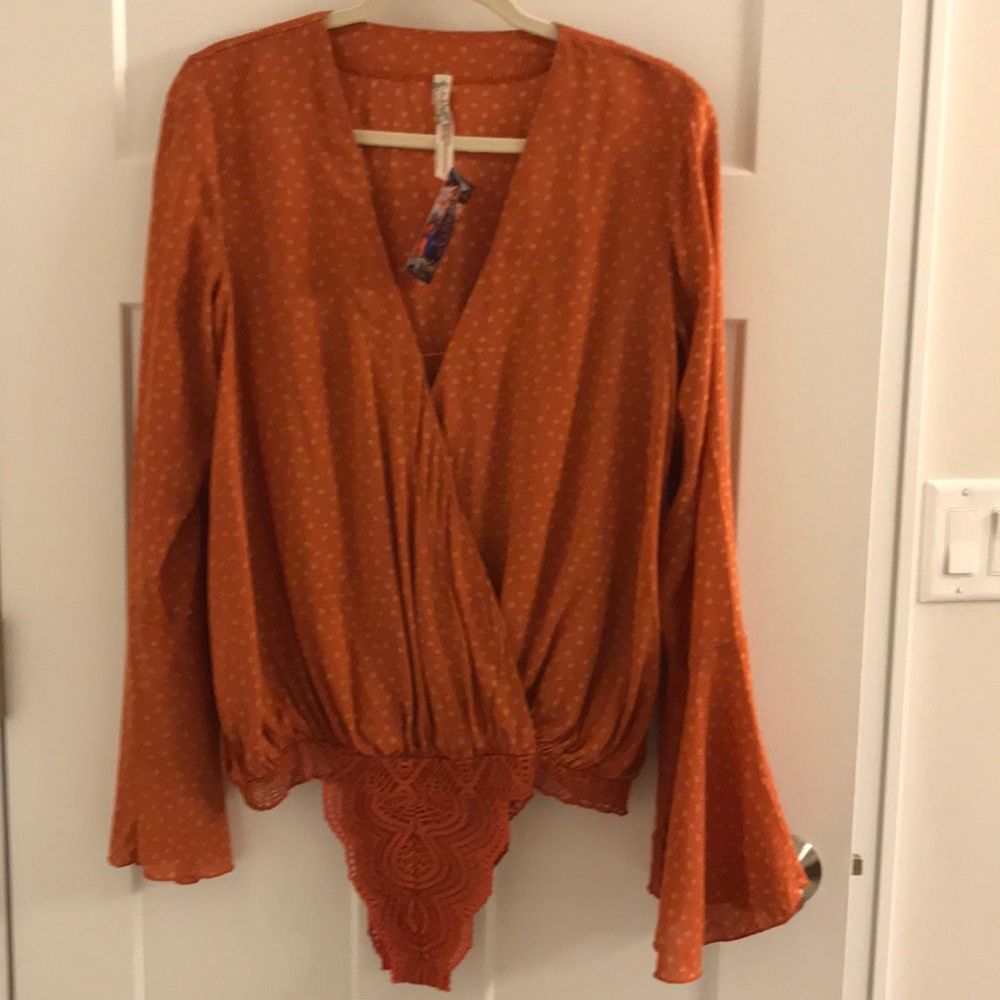 Free People Rust Orange Wrap Blouse with Lace Hem